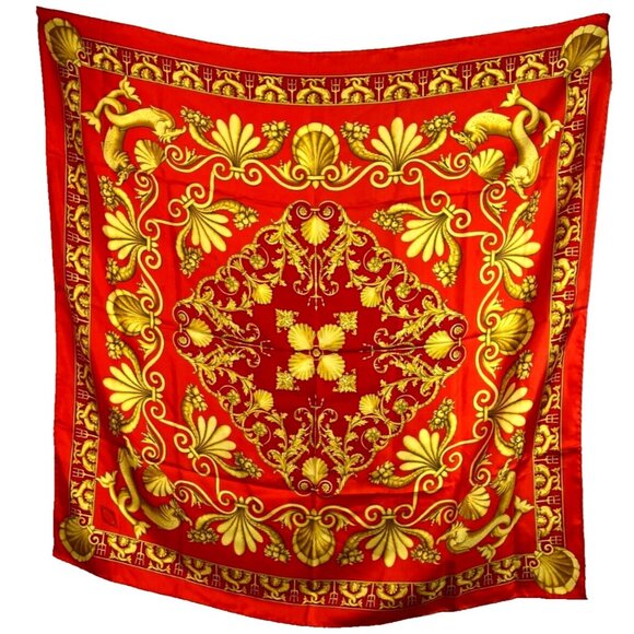 Vintage 90s Gianni Versace Red Orange Scarf Baroque Medusa Sea Shell - Picture 1 of 4